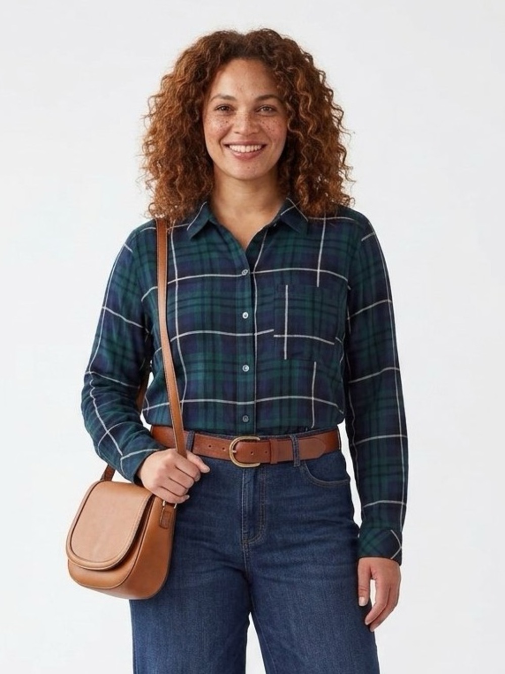 Plaid Button Down Shirt Blouse in Navy, Green and Cream Preppy Classic NWT - Picture 8 of 10